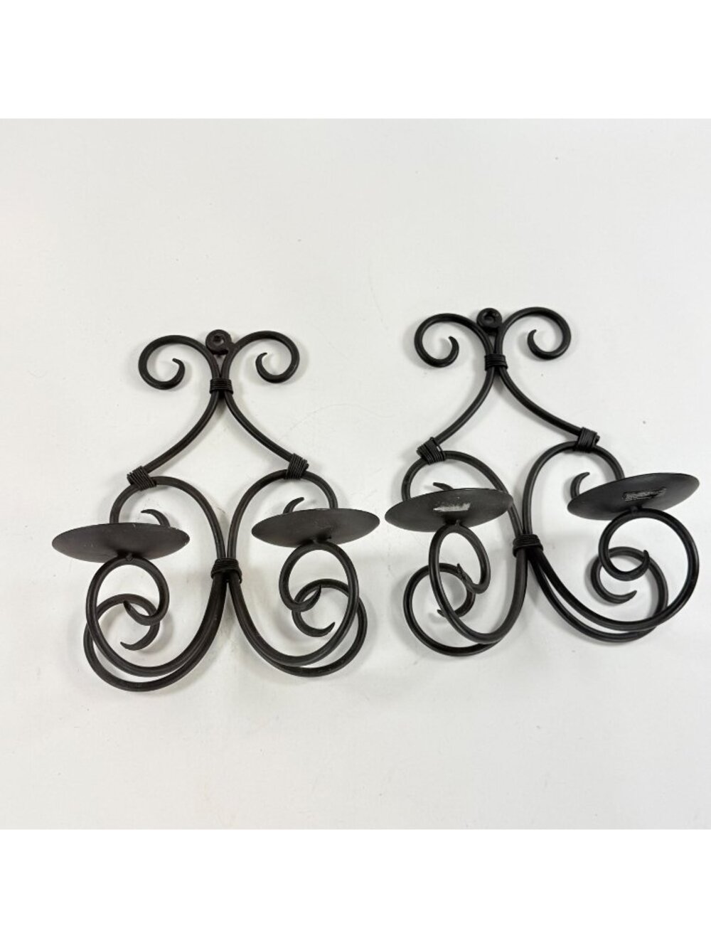 Pair Black Wrought Iron Double Candle Wall Sconces Scroll Swirl Vintage Decor
